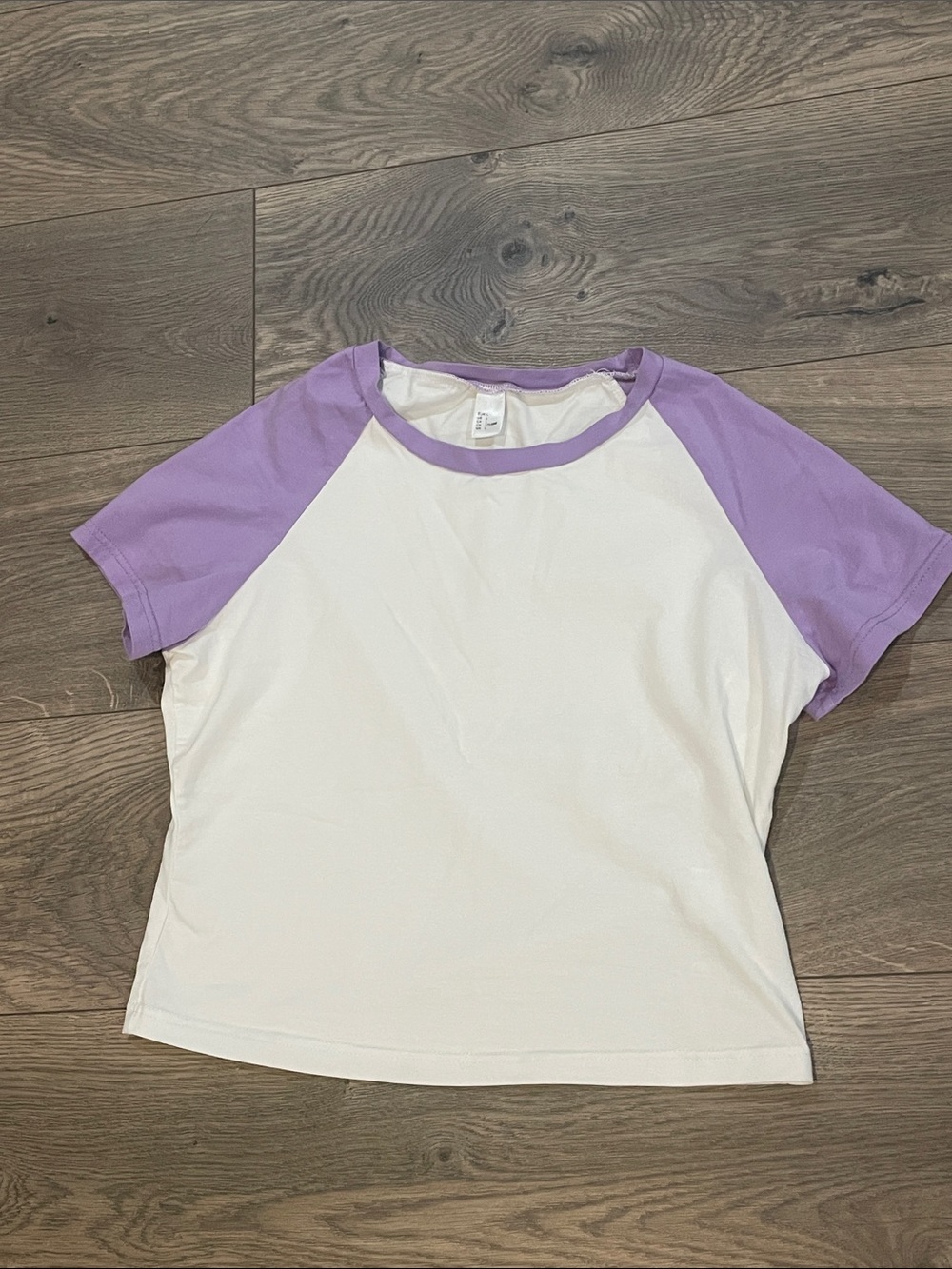 Cropped White Tee with Lavender Raglan Sleeves